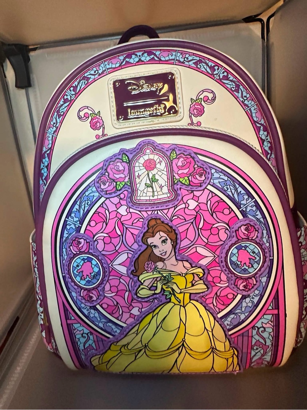 Loungefly Belle Stained Glass Mini Backpack in Pink, Cream & Yellow